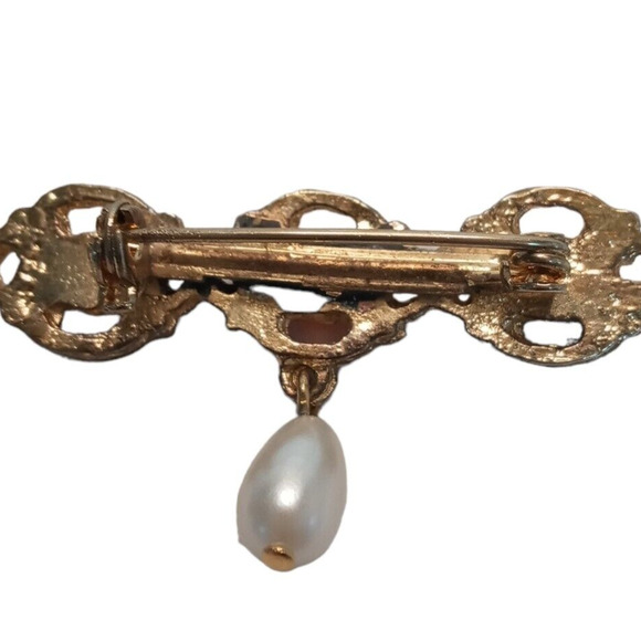 Vintage Cabochon Bar Pin Brooch Faux Pearl Drop Gold Tone VTG - Picture 10 of 16